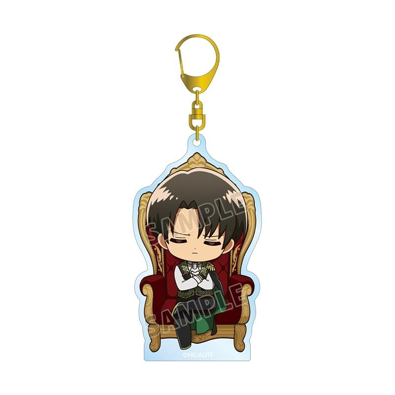 BIG acrylic keychain showing chibi Levi seated on a decorative throne with a gold clasp.