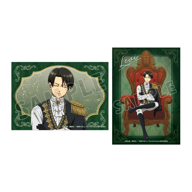 Two illustrated photocard images of Levi from Attack on Titan, one portrait close-up and one full-body seated on a throne.