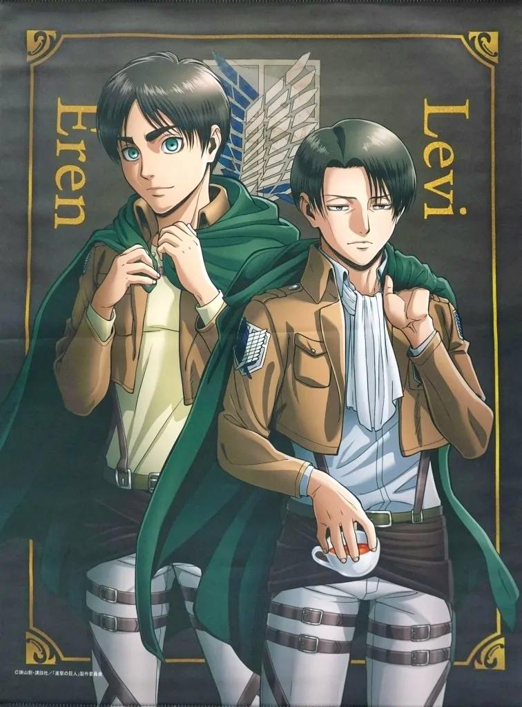 B2 tapestry showing illustrated characters Eren (left) and Levi (right) in Survey Corps uniforms and cloaks, with Levi holding a cup and their names printed at the sides.