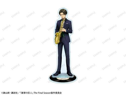 Acrylic stand of Levi (jazz ver.) standing in a suit holding a saxophone on a round base.