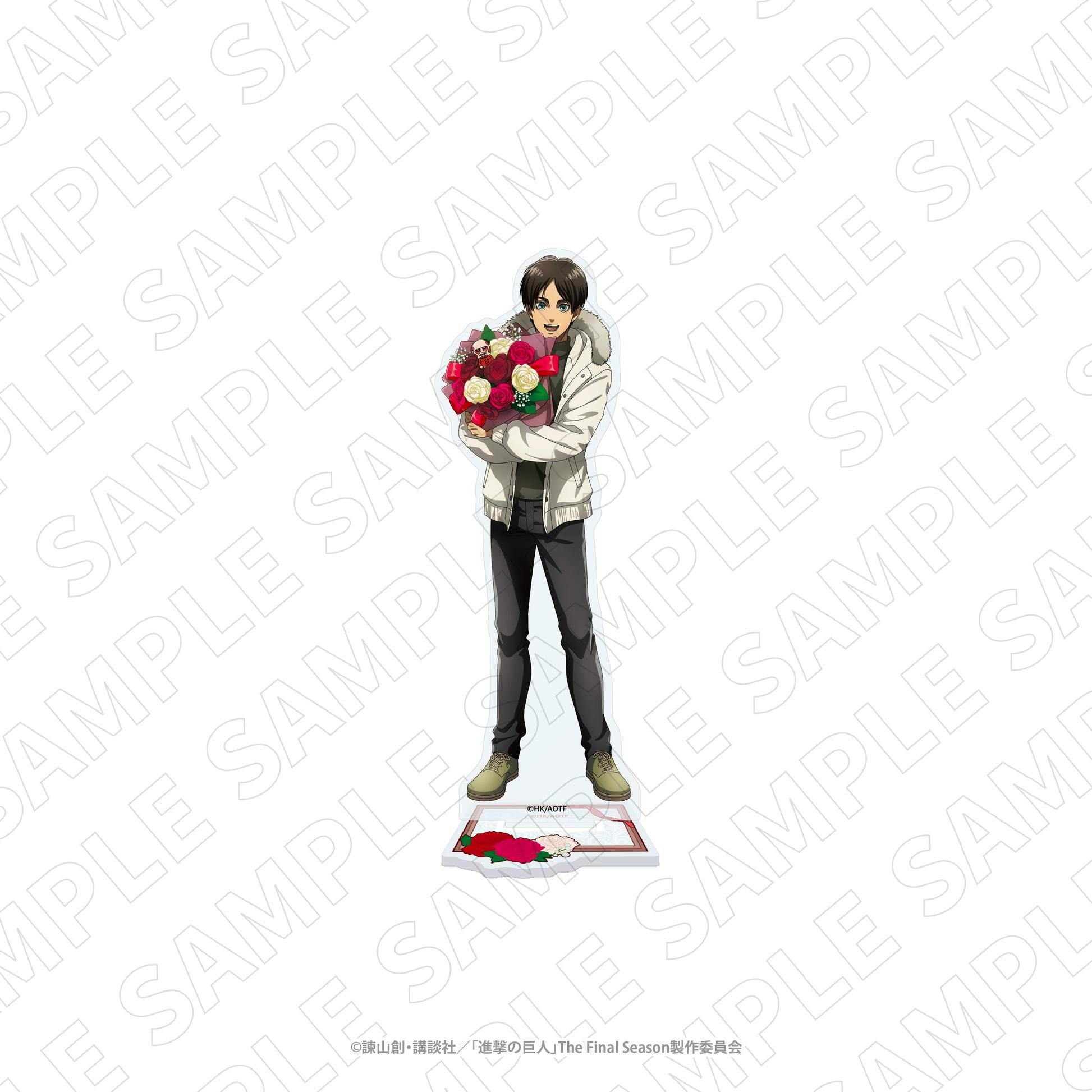 A product illustration of the Eren acrylic stand holding a bouquet, shown standing with its decorative base visible.