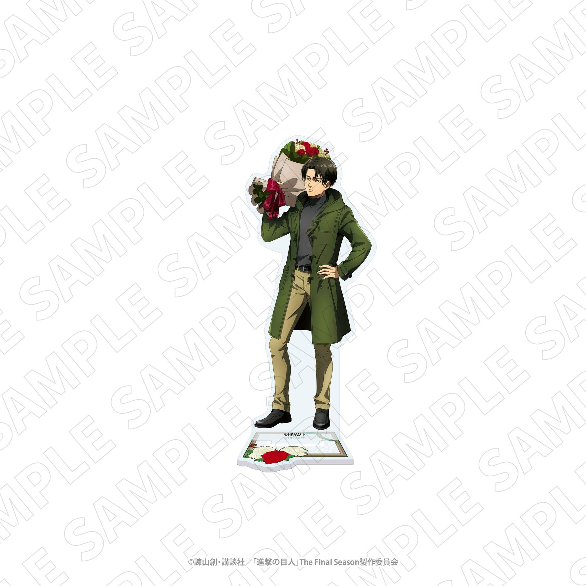 Full-body acrylic stand of Levi holding a bouquet with the decorative base shown on a white background.
