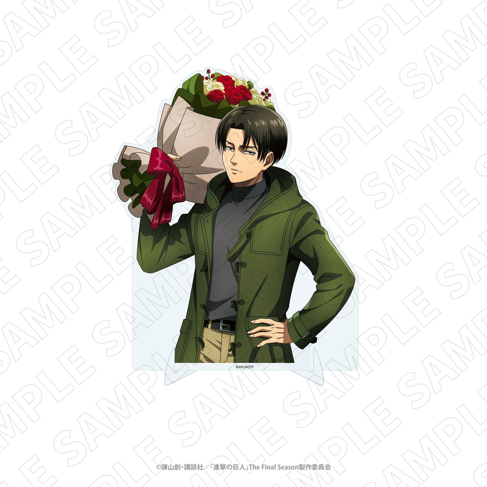 Illustration of the Levi bust-up acrylic stand holding a bouquet of flowers, shown on a white background.