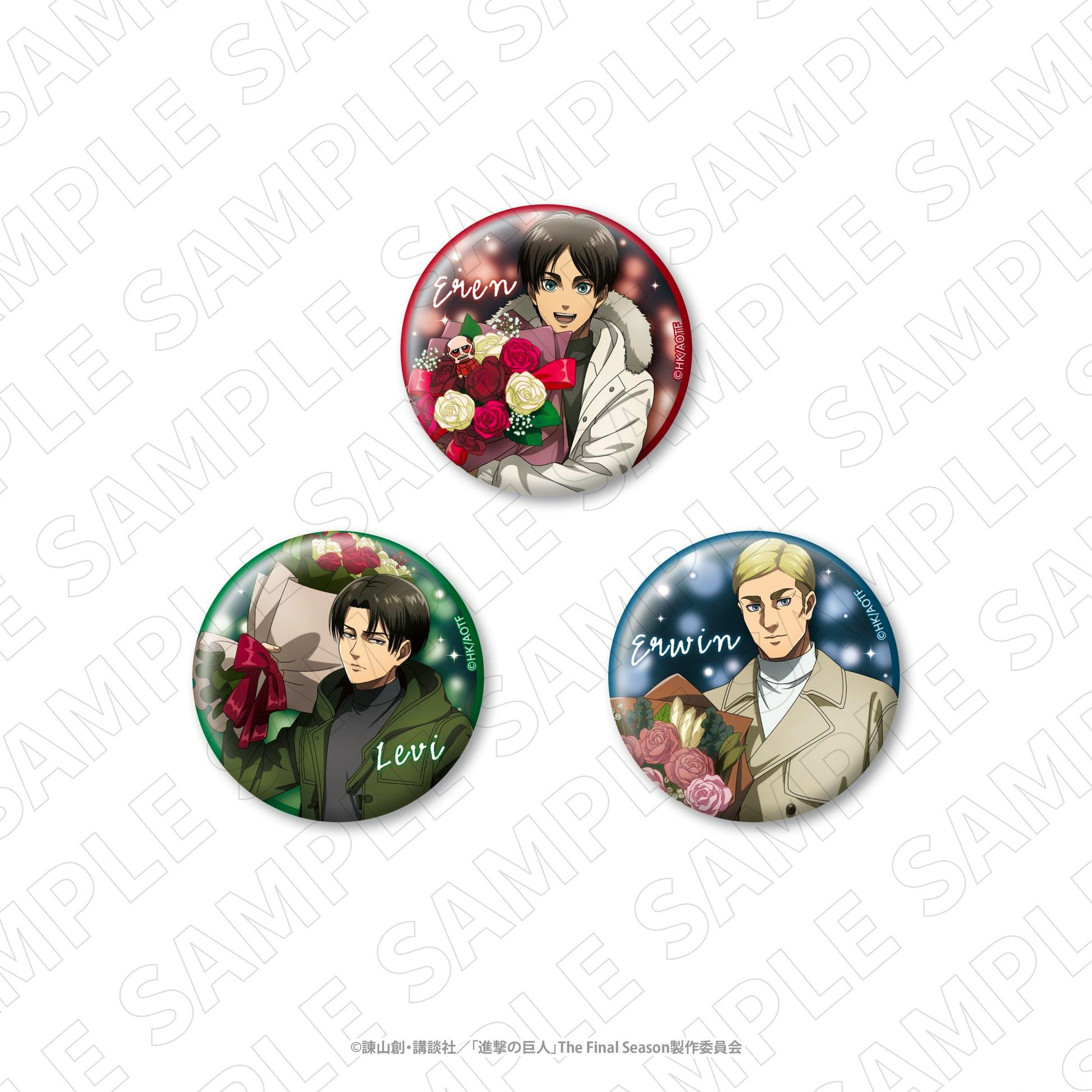 Round holographic can badge showing Eren holding a bouquet of roses and flowers on a red background.