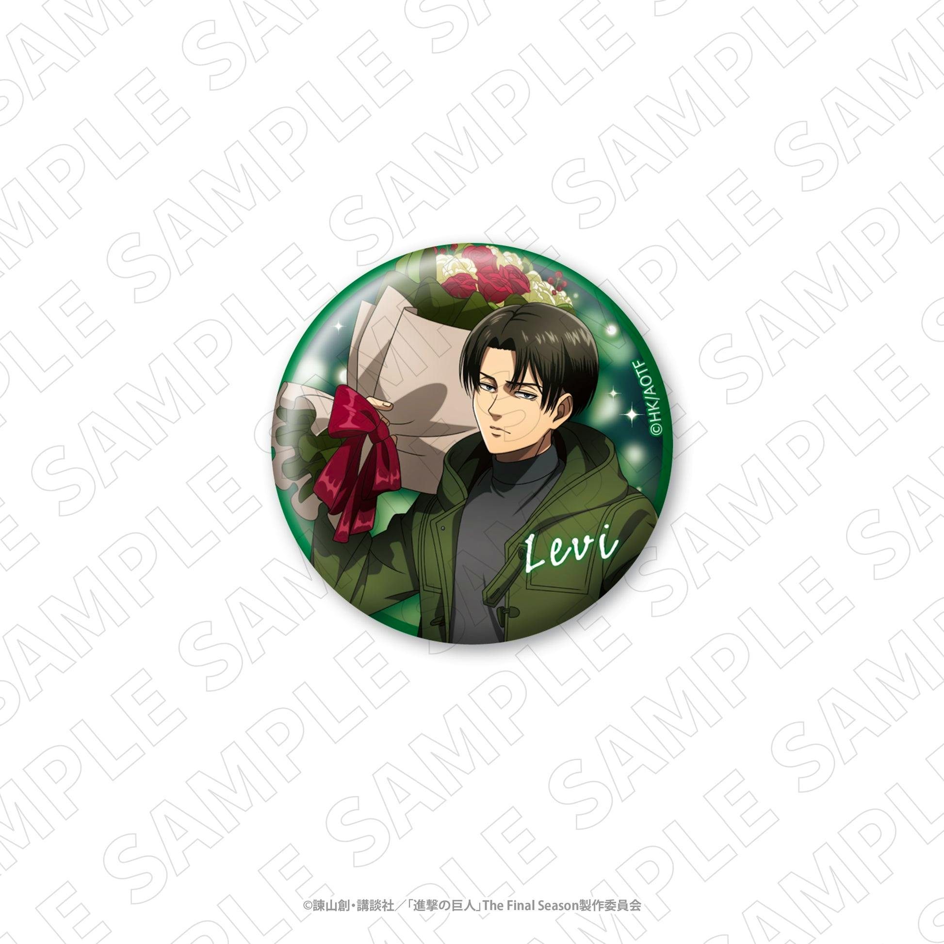 Round illustrated can badge showing Levi holding a bouquet with a green background and the name “Levi” on the badge.