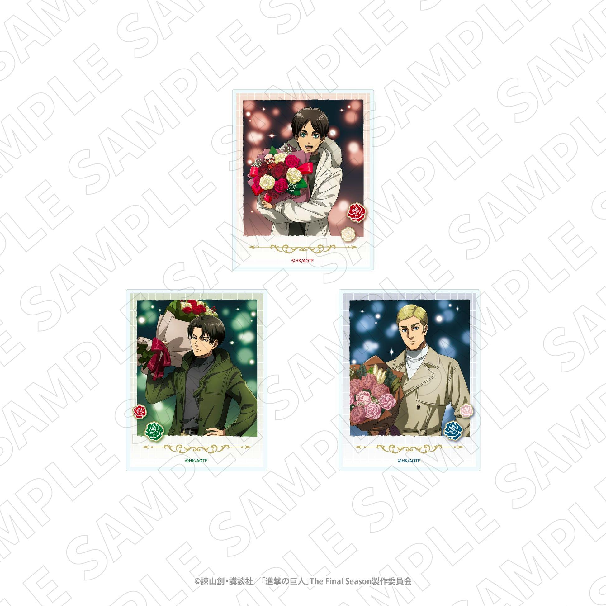 Polaroid-style acrylic card showing Eren holding a bouquet of roses against a bokeh background.