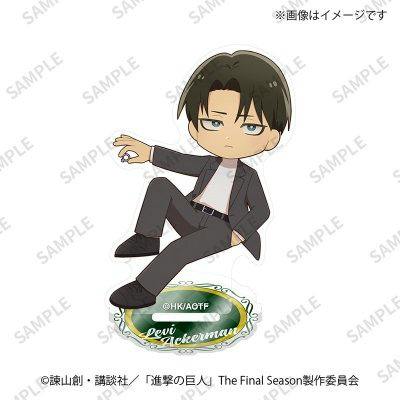 A chibi-style acrylic decorative stand showing Levi seated on an oval base.