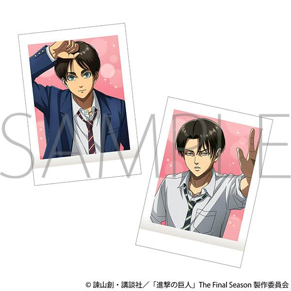 Two Attack on Titan photocard-style illustrations in polaroid frames showing characters on pink backgrounds with a SAMPLE watermark.