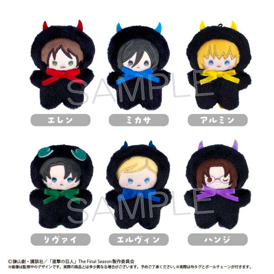 Six black 'DEVIL' plush toys from Attack on Titan, each with small horns and a colored ribbon bow.