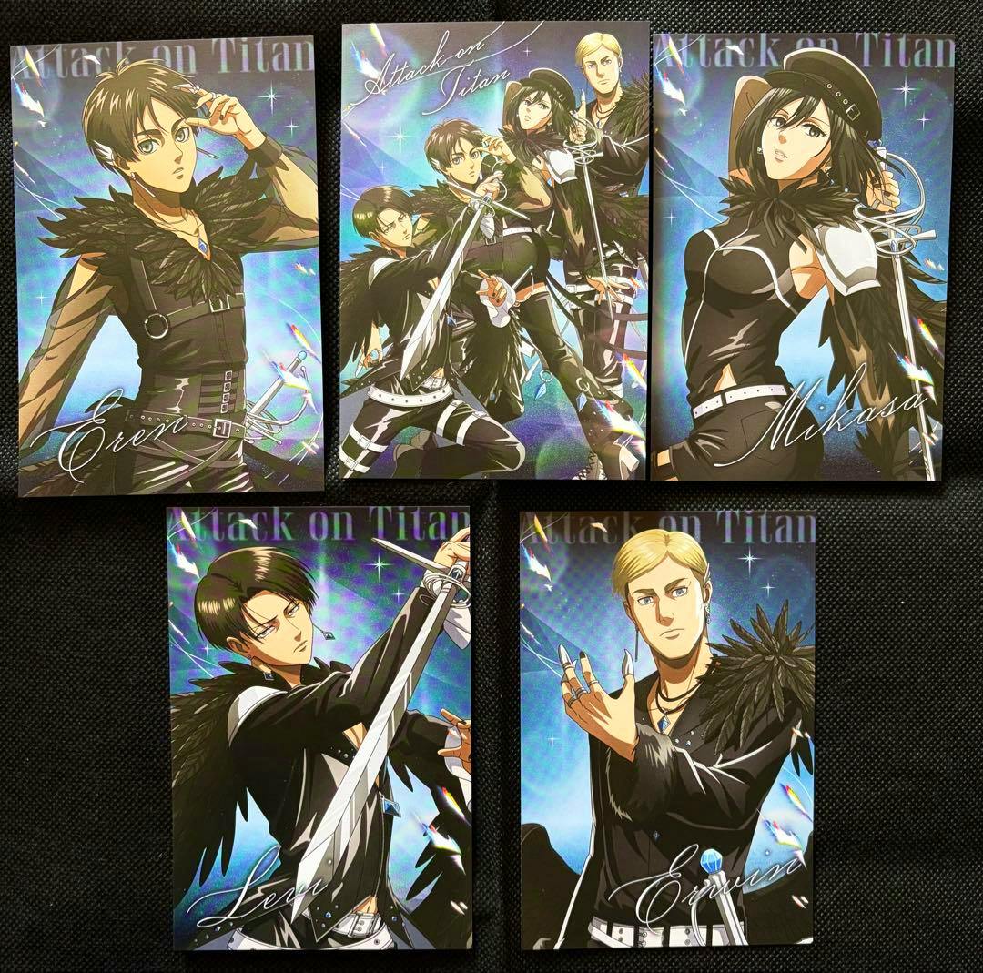 A set of five Attack on Titan postcard illustrations arranged on a black background, each showing different character artwork.