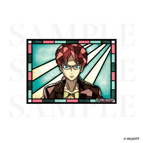 Rectangular stained-glass-style clear sticker showing Eren's portrait on a white background.
