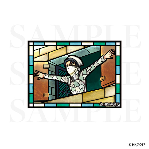 Stained-glass style clear sticker of Levi (cleaning), wearing a mask with arms outstretched.