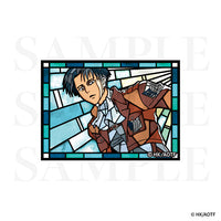 Rectangular stained-glass-style clear sticker depicting Levi from Attack on Titan.