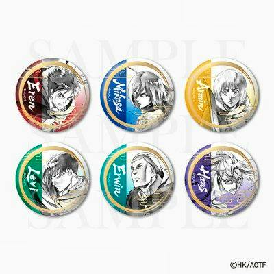 Six round can badges from the 進撃の巨人 -SUIBOKU- badge set showing black-and-white character portraits with colored border accents, arranged in two rows.
