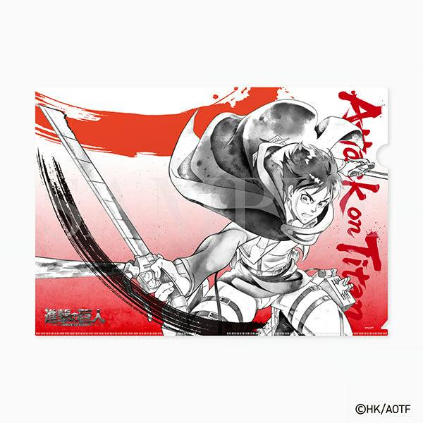 Clear file folder printed with an ink-wash (suiboku) style illustration of Eren from Attack on Titan wielding swords on a red and white background.
