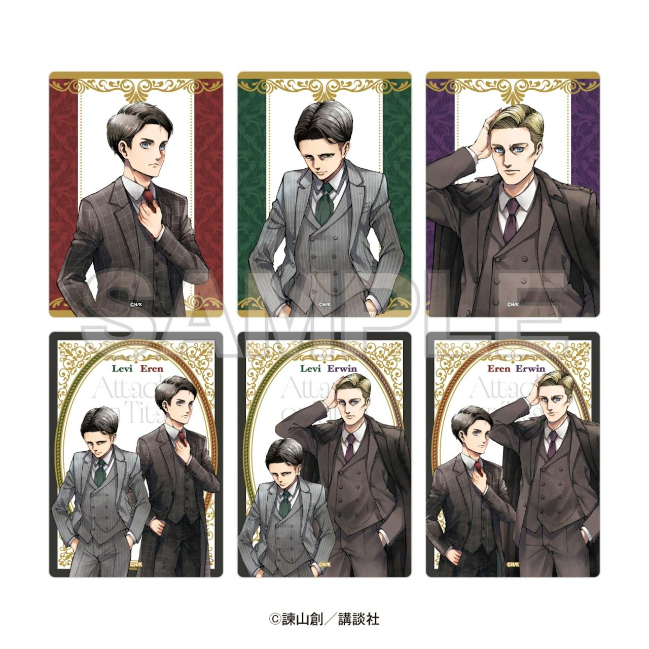 Photo of all six trading clear cards from the Attack on Titan complete set, each showing illustrated characters in suits.