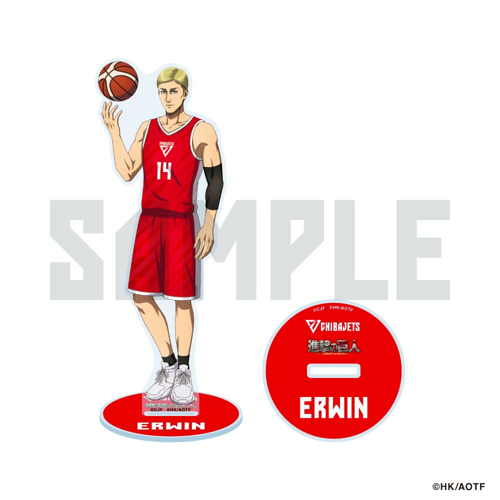Acrylic stand from TV anime "Attack on Titan" showing Erwin in a red basketball uniform holding a basketball next to a red round base labeled ERWIN.