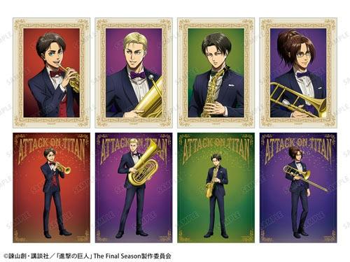 A sheet of eight trading bromide illustrations from the TV anime 'Attack on Titan' (jazz ver.), each showing a character in a suit holding a musical instrument.
