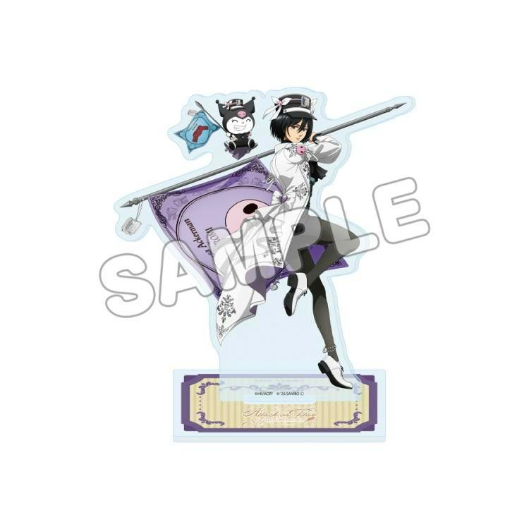 Front view of the Mikasa × Kuromi acrylic decorative stand showing the character artwork and the rectangular base on a white background with a SAMPLE watermark.