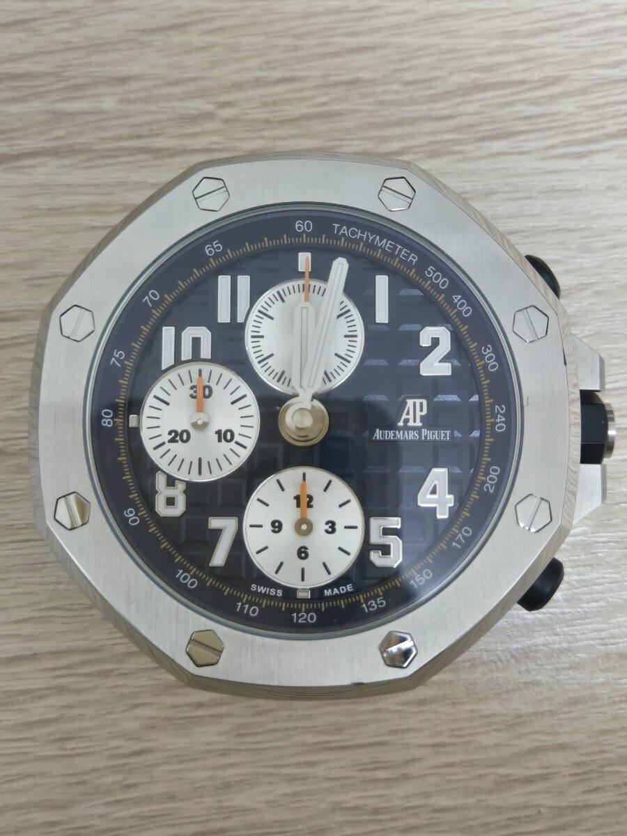 Close-up of the Audemars Piguet Royal Oak Offshore desk clock face with a navy dial and three white subdials.
