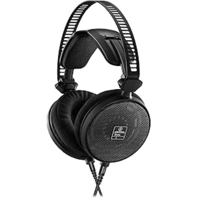 Open-back wired over-ear headphones with a suspension headband and visible dual cables.