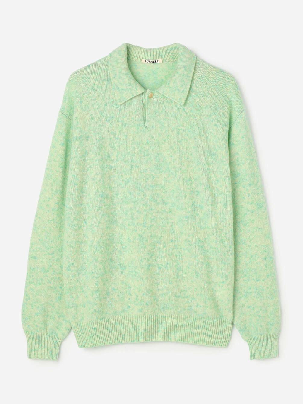 Mint-green cashmere nep knit polo sweater for men shown flat with a pointed collar, long sleeves, and ribbed hem.