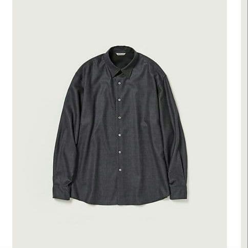 Dark gray women's long-sleeve super-light wool button-up shirt laid flat on a light background.