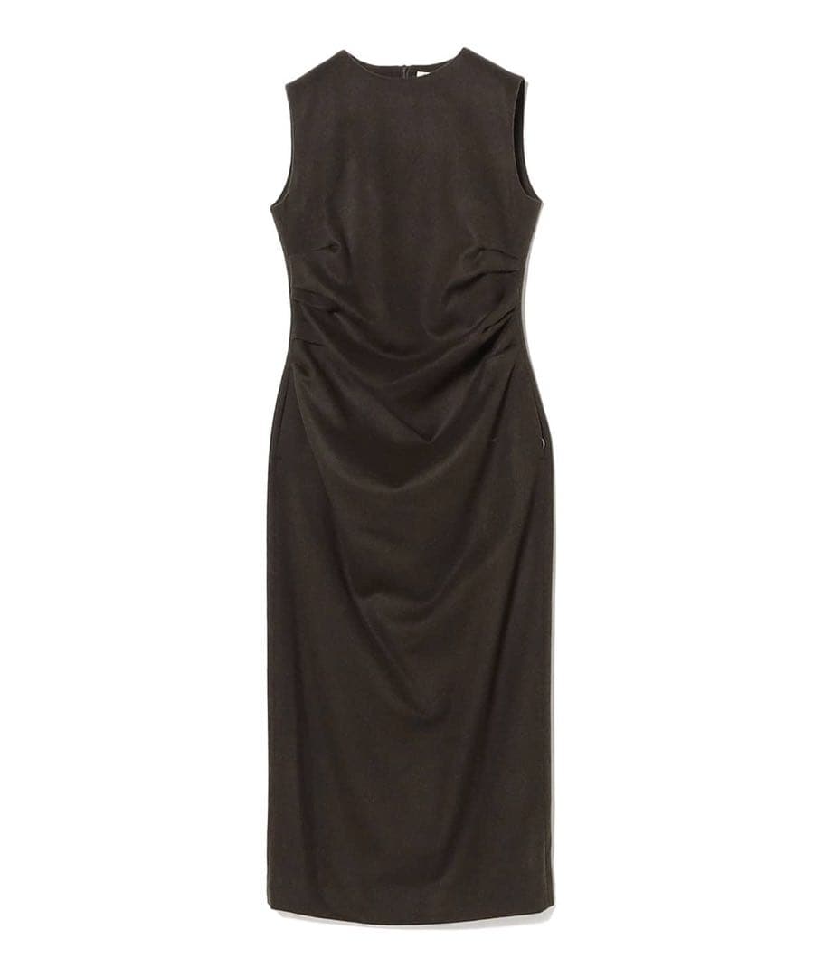 Full-length flat-lay photo of a sleeveless dark wool dress with waist gathering on a white background.