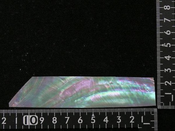 Thin mother-of-pearl sheet piece photographed on a black background with rulers showing its size.