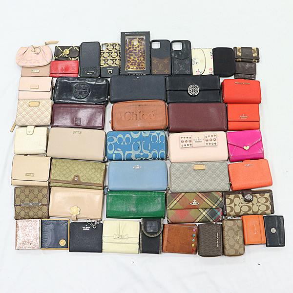 A spread of multiple wallets and smartphone cases arranged on a white background.