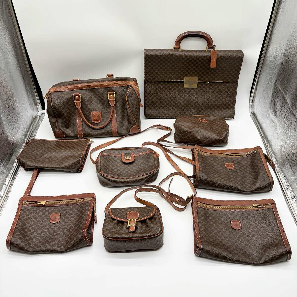 Nine brown CELINE bags with macadam pattern arranged on a white background, including shoulder bags, small pouches, and a briefcase.