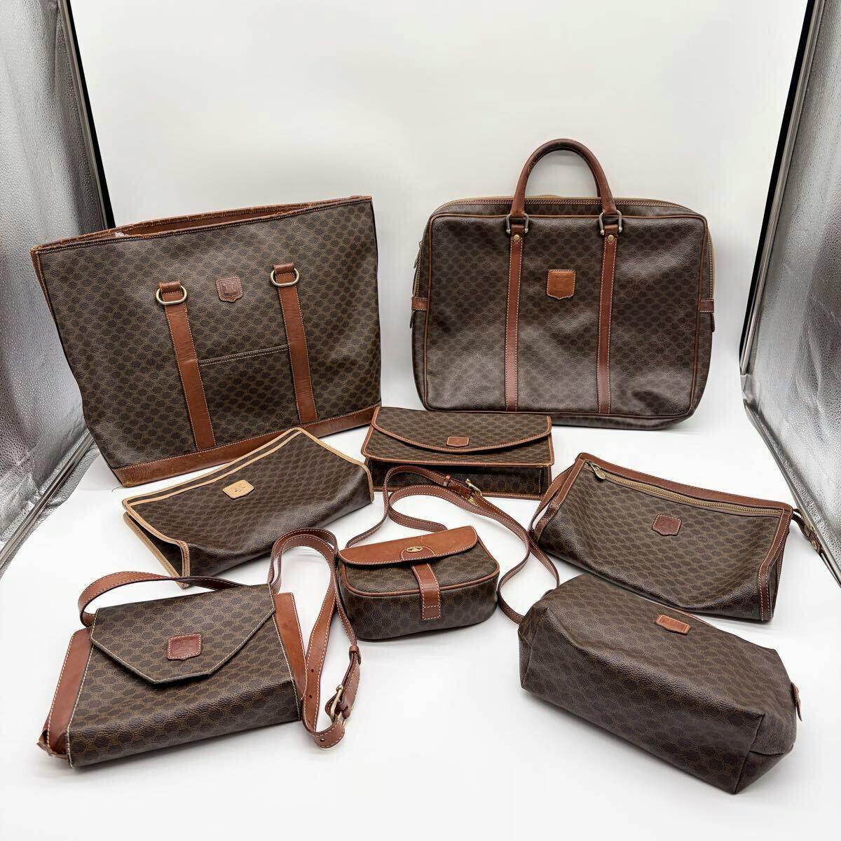 Eight brown CELINE macadam-pattern bags and pouches arranged on a white background, showing totes, a briefcase, shoulder bags, and small cases.