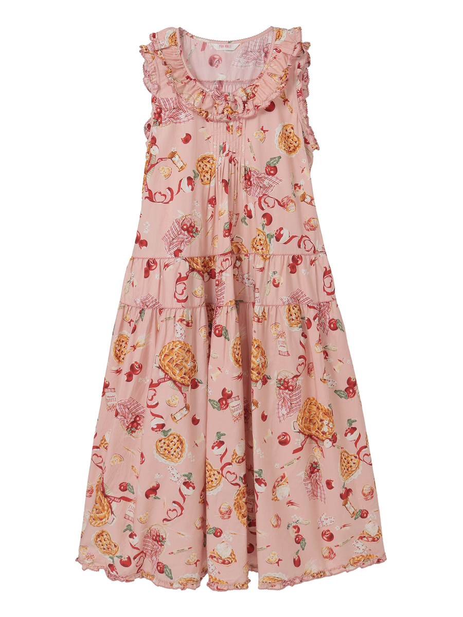 Full-length pink cotton midi dress with kitchen-themed print and ruffled neckline on a white background.