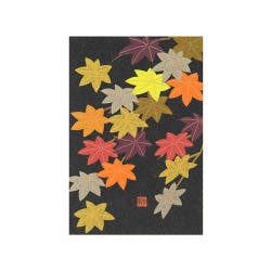 Postcard showing a momiji (maple leaf) pattern of multicolored leaves on a dark background.