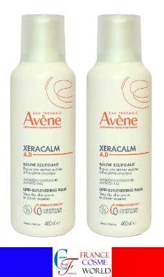 Two 400 mL bottles of Avène XeraCalm A.D balm shown side by side.