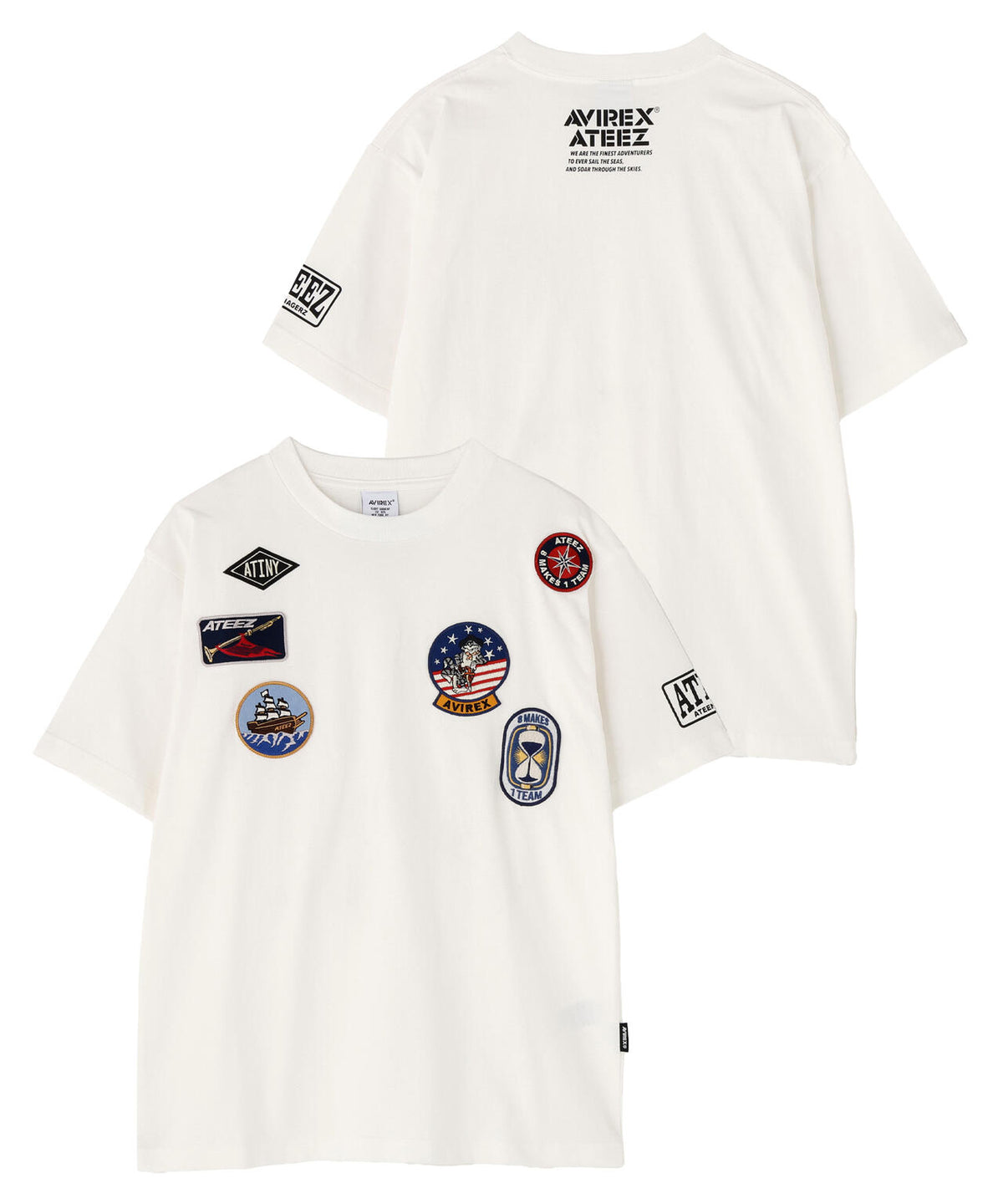 White cotton AVIREX × ATEEZ “ATINY” T-shirt shown front and back with several embroidered patch designs.