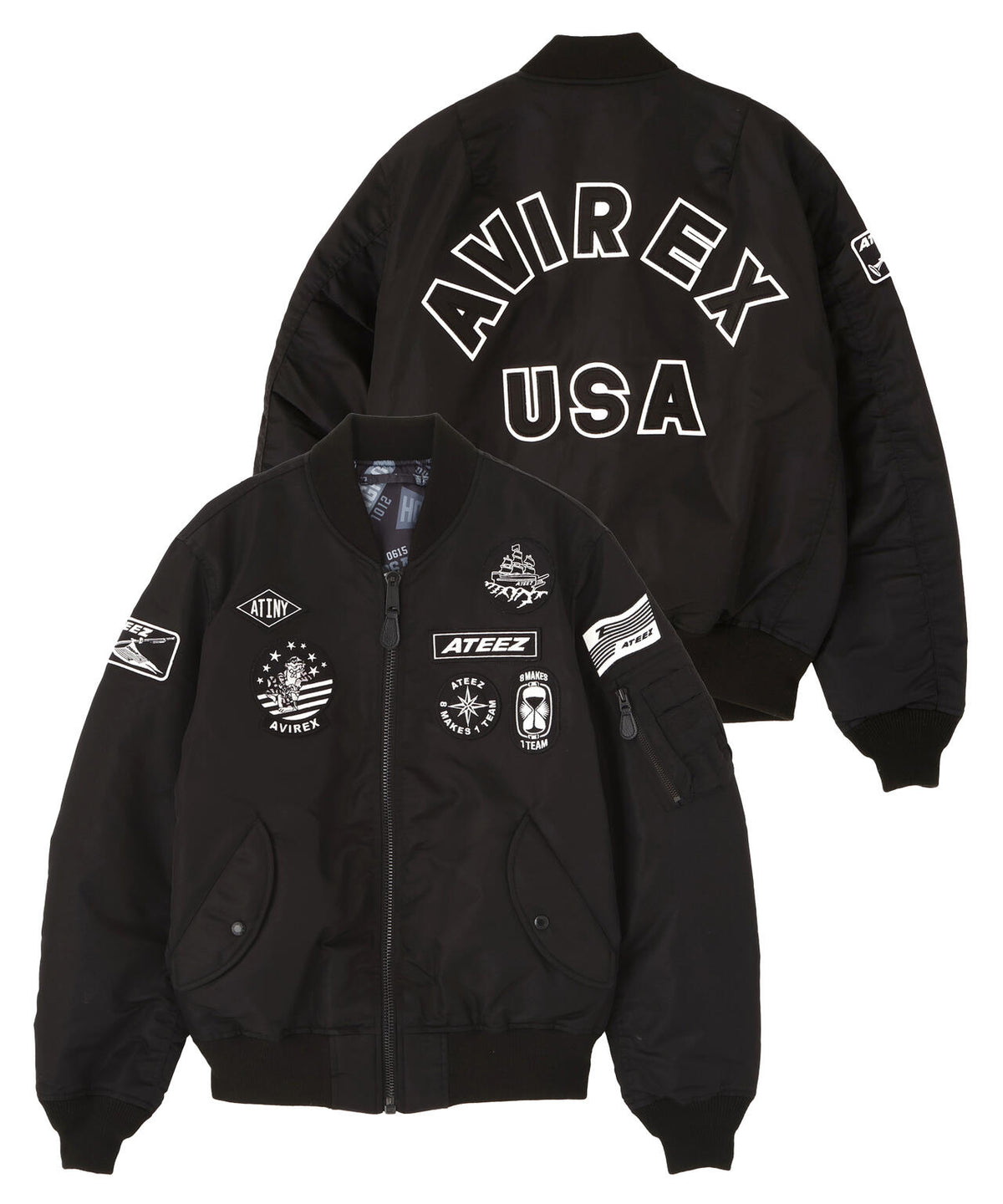 Front and back views of a black AVIREX × ATEEZ reversible MA-1 men's nylon jacket showing logos and patch details.