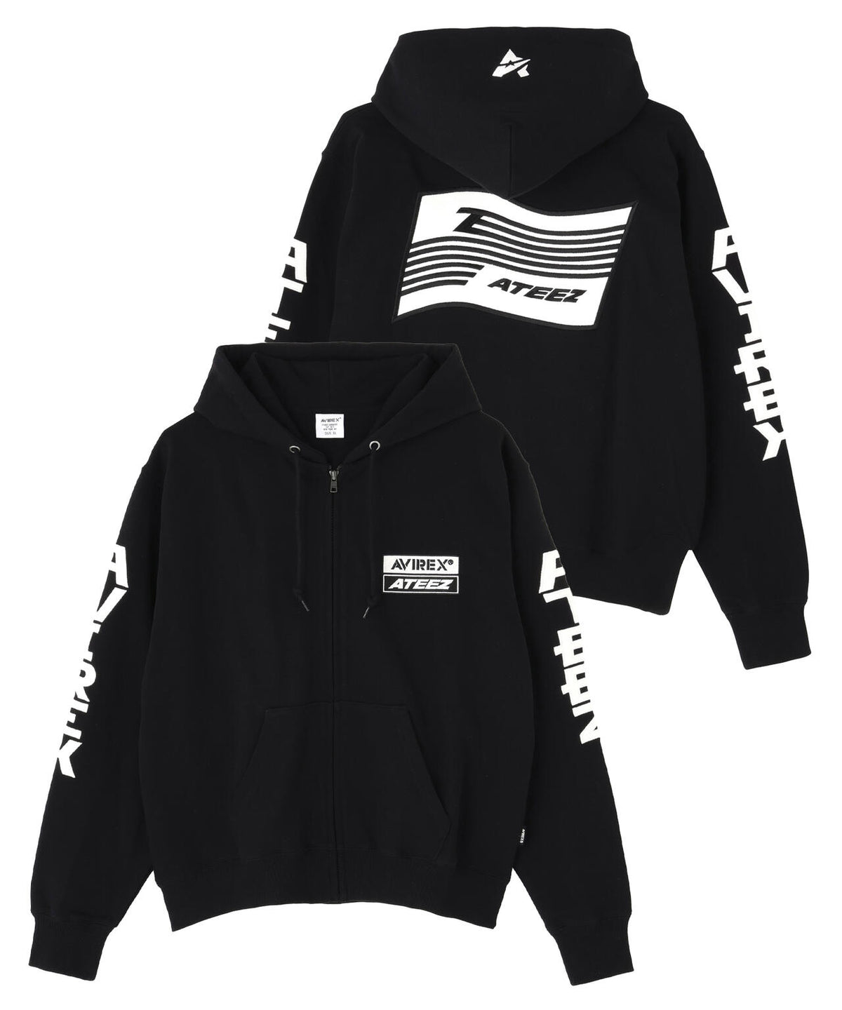 Front and back views of a black AVIREX × ATEEZ zip-up hoodie showing sleeve logos and a hood.