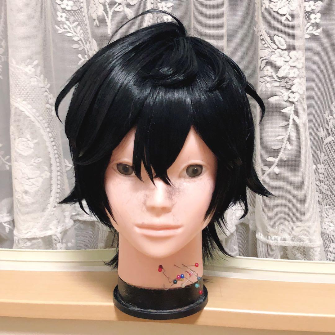 Black short styled synthetic cosplay wig displayed on a mannequin head.