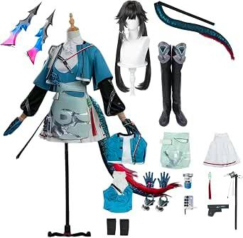 Collage showing a long dark synthetic wig with matching cosplay costume pieces, boots, and accessories for the Chen Senyu outfit.