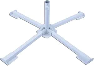White foldable umbrella stand with a central vertical tube and four cross-shaped legs on a white background.