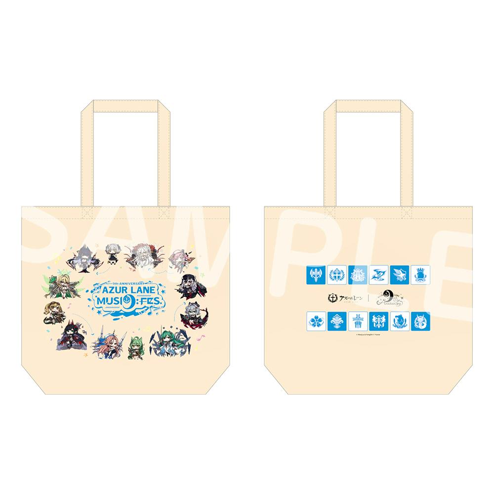 Front and back views of the Azur Lane 9th Anniversary canvas tote bag showing chibi character illustrations and blue emblem logos on a beige background.