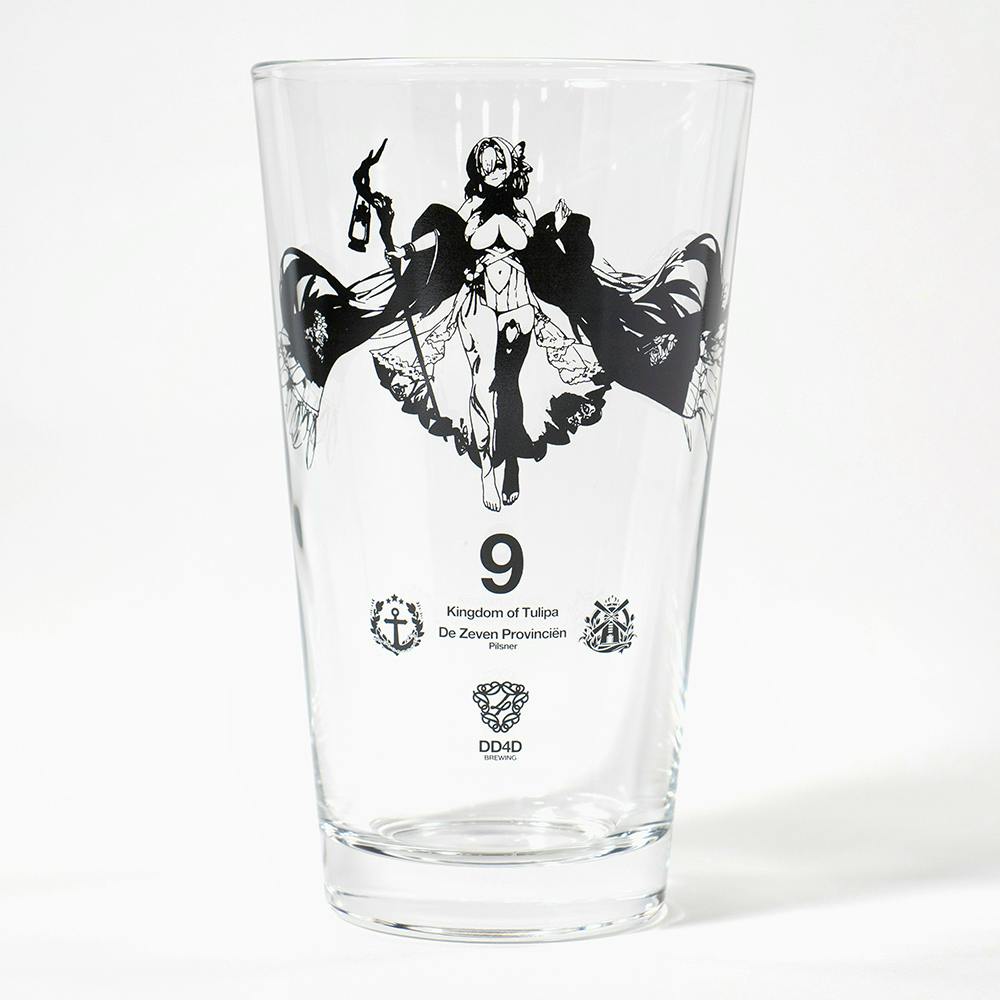 Clear pint glass with a black printed illustration of the De Zeven Provinciën character and the number "9" for the Azur Lane 9th anniversary.