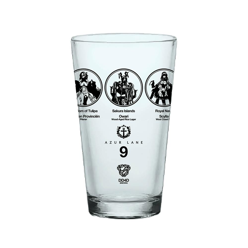 Clear pint glass with Azur Lane 9th anniversary black character medallions and branding printed on the front.
