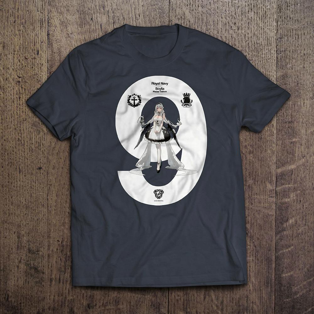 A dark gray men's T-shirt laid flat with a large white '9' graphic centered showing Scylla character artwork and small crest emblems.