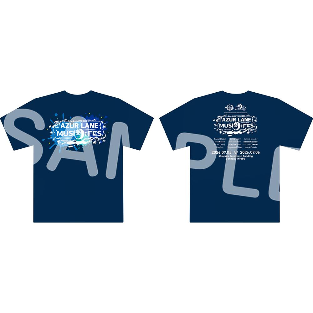 Mockup of a navy mens cotton T-shirt showing the front and back Azur Lane 9th Anniversary printed designs.