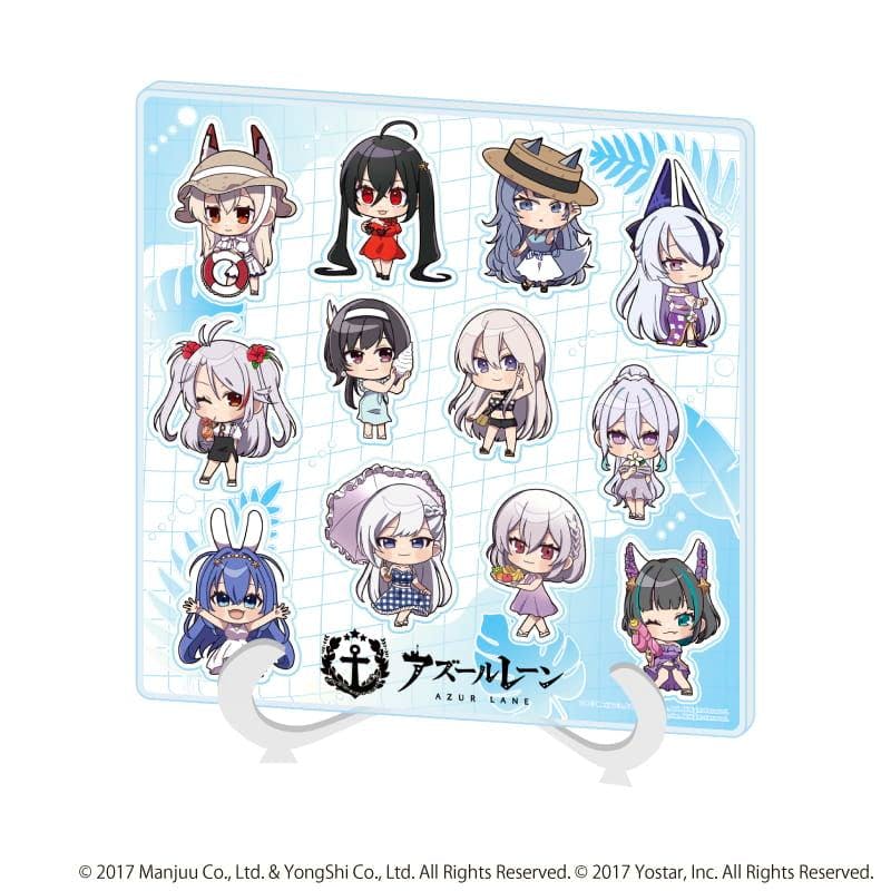 An acrylic decorative panel showing chibi Azur Lane characters in summer-dress illustrations on a blue patterned background.