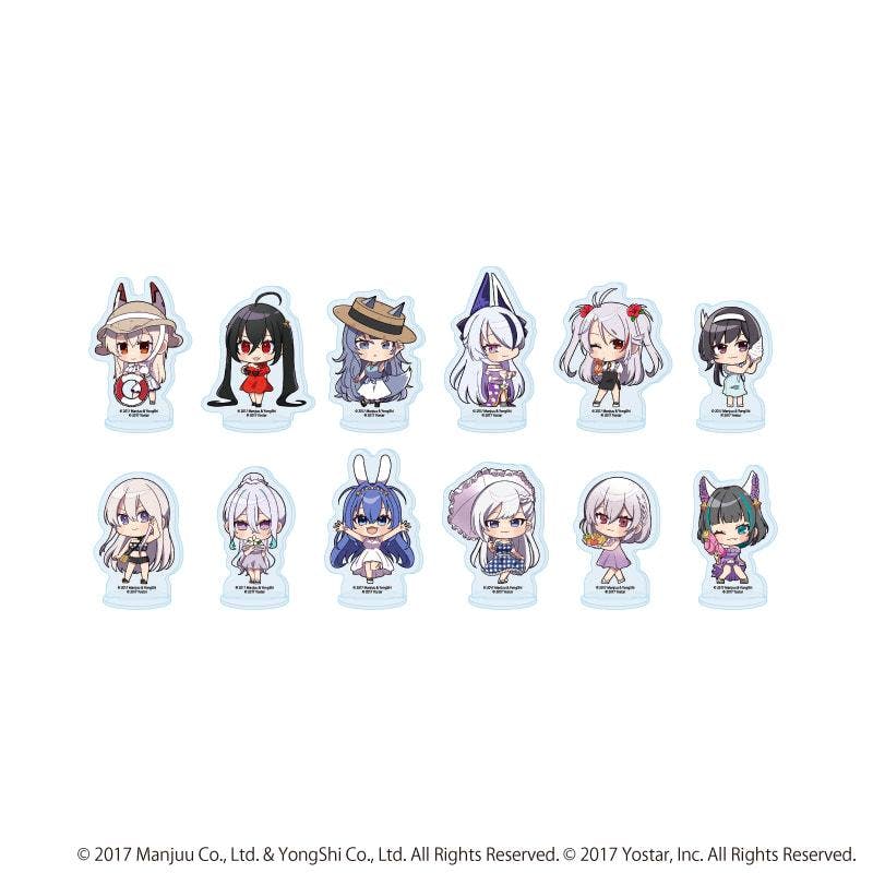 Twelve acrylic mini stand figures showing chibi Azur Lane characters in summer dresses arranged on a white background.