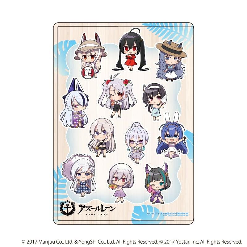 Front of a clear plastic case showing Azur Lane mini chibi characters in summer dresses on a wood-pattern background with the Azur Lane logo.