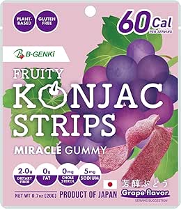 Front-facing package of B-GENKi KONJAC STRIPS grape-flavored konjac gummy candy showing branding, a grape illustration, and nutrition claims.